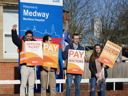 Striking NHS junior doctors on the picket line outside the Medway Maritime Hospital in Gillingham, Kent, as the British Medical Association is holding a 96-hour walkout in a dispute over pay. Picture date: Tuesday April 11, 2023. (Photo by Gareth Fuller/PA Images via Getty Images)