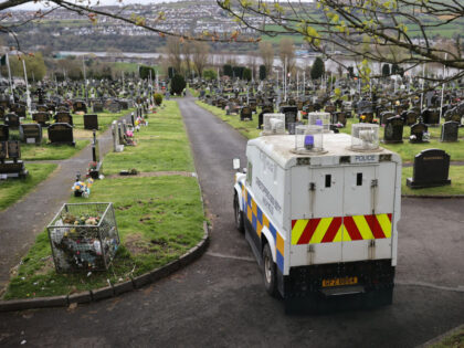 A PSNI vehicle inside Derry City Cemetery, which is temporarily closed as Army Technical Officers check for devices, following a dissident Republican parade in the Creggan area of Londonderry on Easter Monday. Picture date: Tuesday April 11, 2023. (Photo by Liam McBurney/PA Images via Getty Images)
