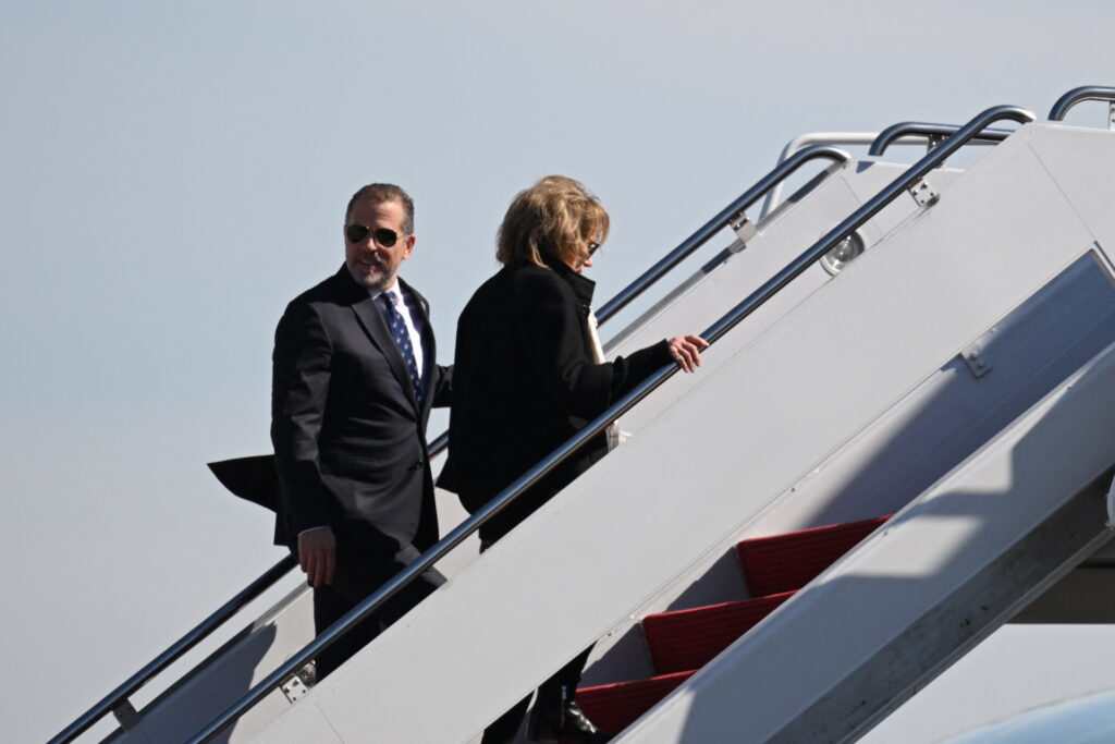 US President Joe Biden's sister Valerie Biden (R), and son Hunter Biden (L), board Air Force One at Joint Base Andrews in Maryland on April 11, 2023. (Photo by Mandel NGAN / AFP) (Photo by MANDEL NGAN/AFP via Getty Images)