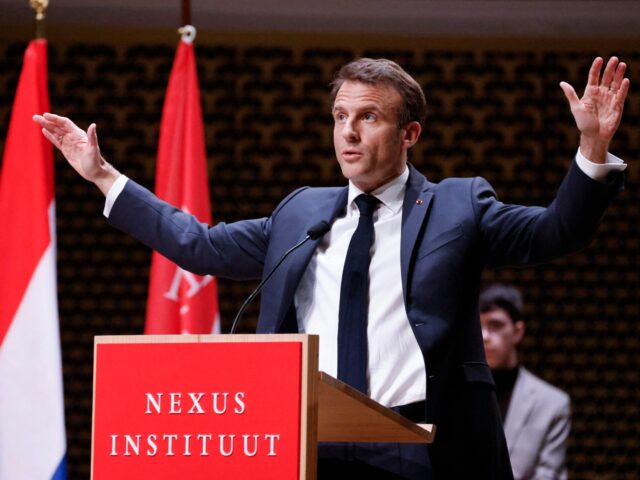 French President Emmanuel Macron delivers a speech to the Nexus Institute in the Amare the