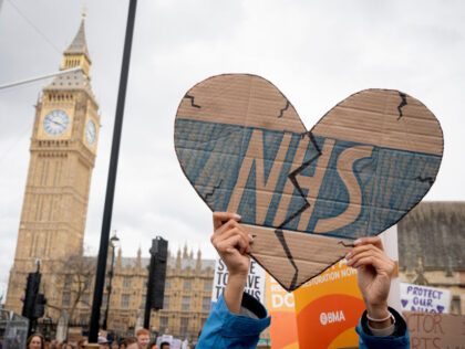 On the first of their four-day nationwide industrial action, striking junior doctors march past Parliament in Westminster, on 11th April 2023, in London, England. The walkout by members of the British Medical Association are staging the first of a four-day stoppage in pursuit of a 35% pay rise. (Photo by …