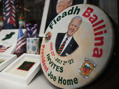 BALLINA, IRELAND - APRIL 14: Celebration souvenir bodhrán, other souvenirs and memorabilia are seen in a window prior to the arrival of US President Joe Biden to a celebration event outside St Muredach's Cathedral, on April 14, 2023 in Ballina, Ireland. US President Joe Biden has travelled to Northern Ireland …