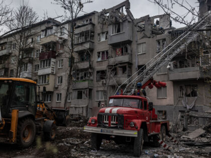SLOVIANSK,, UKRAINE - APRIL 14: Personnel conduct search and rescue operation aftermath of Russian shelling in Sloviansk, Donetsk Oblast, Ukraine on April 14, 2023. At least 5 killed, 15 injured in Russia's missile attacks on Slovyansk. (Photo by Diego Herrera Carcedo/Anadolu Agency via Getty Images)