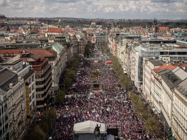 PRAGUE, CZECH REPUBLIC - APRIL 16: People protest during the anti-government demonstration