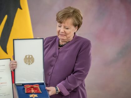 17 April 2023, Berlin: Angela Merkel (CDU), former German Chancellor, is awarded the Grand Cross of the Order of Merit of the Federal Republic of Germany in a special design by President Steinmeier at Bellevue Palace. The order was previously awarded only to Chancellors Kohl and Adenauer. Photo: Michael Kappeler/dpa …