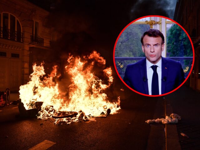 PARIS, FRANCE - APRIL 17: Demonstrators set a fire during a protest against the government and French President Emmanuel Macron's speech in Paris, on April 17, 2023, after pushing the pensions reform without a vote using article 49.3 of the constitution, and surviving a no-confidence motion at the parliament. (Photo …