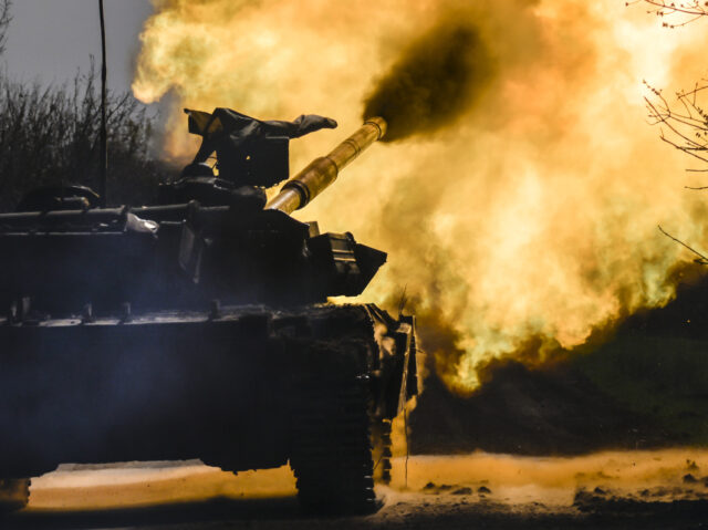 AVDIIVKA, UKRAINE - APRIL 17: A Ukrainian tank opens fire on targets to support infantry u