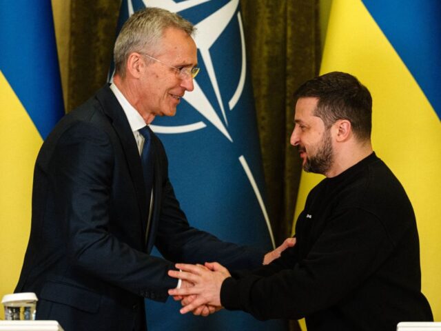 TOPSHOT - NATO head Jens Stoltenberg (L) shakes hands with Ukrainian President Volodymyr Z