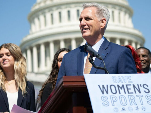 US Speaker of the House Kevin McCarthy, Republican of California, speaks following the passage of the "The Protection of Women and Girls in Sports Act," by the House, outside the US Capitol in Washington, DC, April 20, 2023. (Photo by SAUL LOEB / AFP) (Photo by SAUL LOEB/AFP via Getty …