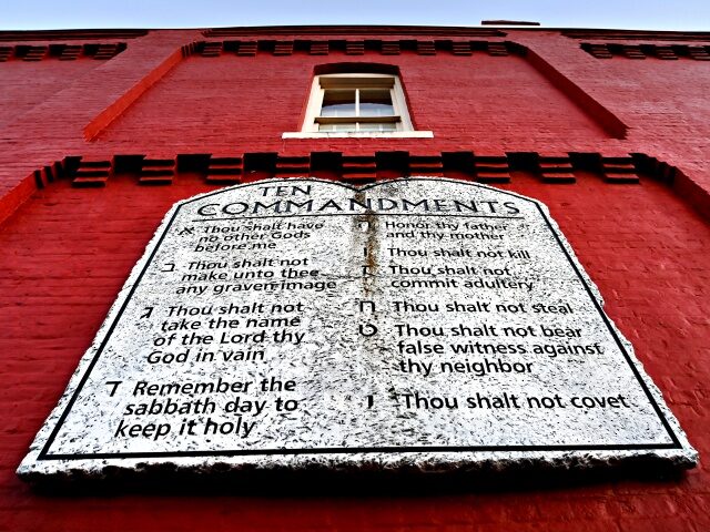 JASPER, GA- OCT 07: A copy of the Ten Commandments in stone hang on a building next to the