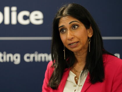 Home Secretary Suella Braverman during a visit to Northamptonshire Police's Giffard House Training Centre, in Northampton, to meet police recruits following the release of Home Office data confirming whether the target to recruit 20,000 police officers has been met. Picture date: Wednesday April 26, 2023. (Photo by Joe Giddens/PA Images …