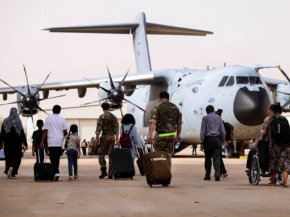 KHARTOUM, SUDAN - 26 APRIL: In this handout image provided by the Ministry of Defence, British nationals board an RAF aircraft in Sudan, for evacuation to Larnaca International Airport in Cyprus on April 26, 2023 in Khartoum, Sudan. The UK has undertaken a military operation to evacuate British nationals from …