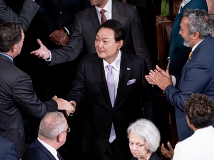 Yoon Suk Yeol, South Korea's president, center, arrives for a joint meeting of Congress at the US Capitol in Washington, DC, US, on Thursday, April 27, 2023. Yoon was rewarded with a greater say in how America deploys its nuclear umbrella and assurances it would be used to retaliate against …
