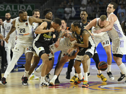 MADRID, SPAIN - APRIL 27: 01 minutes and 40 seconds before the end of the Turkish Airlines EuroLeague Playoffs Game 2 basketball match between Real Madrid and Partizan at Wizink Center in Madrid, Spain a fight broke out between the players and the match was ended, on April 27, 2023. …