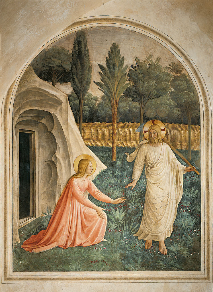 Italy, Tuscany, Florence, San Marco Convent, cell 1. Whole artwork view. Jesus Christ risen Mary Magdalene tomb grass garden trees.