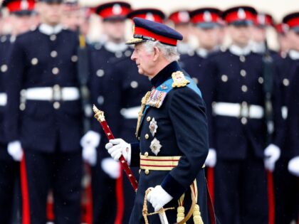 CAMBERLEY, UNITED KINGDOM - APRIL 14: (EMBARGOED FOR PUBLICATION IN UK NEWSPAPERS UNTIL 24 HOURS AFTER CREATE DATE AND TIME) King Charles III inspects the 200th Sovereign's parade at the Royal Military Academy Sandhurst on April 14, 2023 in Camberley, England. The Sovereign's Parade, first held in 1948 in the …