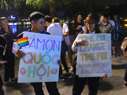 Members from the local lesbian, gay, bisexual and transgender (LGBT) community gather to celebrate a law newly approved by the National Assembly on transgenders in Hanoi on November 24, 2015. Vietnam has passed a landmark law enshrining rights for transgender people in a move advocacy groups say paves the way …