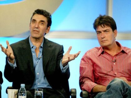 Executive Producer Chuck Lorre (L) and actor Charlie Sheen attend the panel discussion for "Two And A Half Men" during the CBS 2005 Television Critics Association Summer Press Tour at the Beverly Hilton Hotel on July 20, 2005 in Beverly Hills, California. (Photo by Frederick M. Brown/Getty Images)