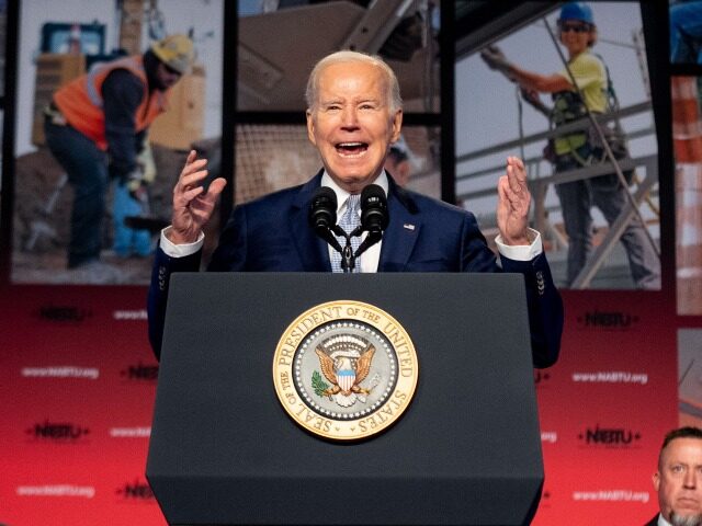 President Joe Biden speaks at the North America's Building Trades Union National Legislative Conference at the Washington Hilton in Washington, Tuesday, April 25, 2023.