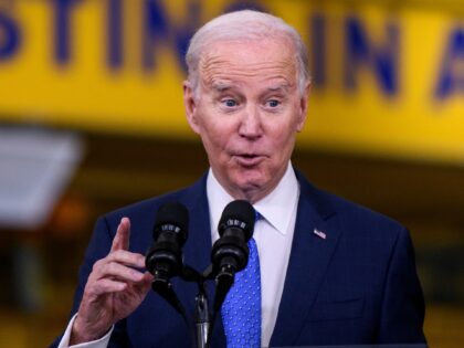 FRIDLEY, MN - APRIL 03: U.S. President Joe Biden speaks during a visit to the Cummins Power Generation facility on April 3, 2023 in Fridley, Minnesota. The visit is a continuation of the administration’s Investing in America tour. (Photo by Stephen Maturen/Getty Images)