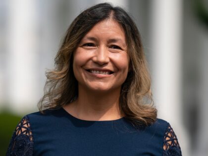 FILE - White House Intergovernmental Affairs director Julie Chavez Rodriguez stands outsid