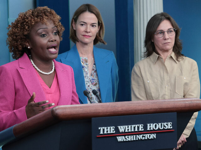 WASHINGTON, DC - APRIL 25: White House press secretary Karine Jean-Pierre speaks during the daily briefing at the White House with members of the cast of "The L Word" on April 25, 2023 in Washington, DC. Jean-Pierre answered a range of questions during the briefing. Also pictured are actress Leisha …