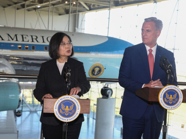 House Speaker Kevin McCarthy, R-Calif., right, and Taiwanese President Tsai Ing-wen delive