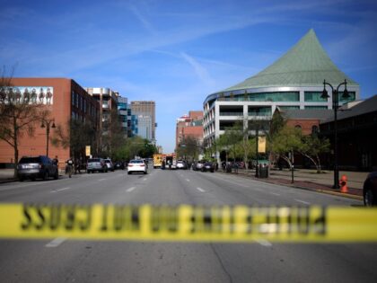 LOUISVILLE, KY - APRIL 10: Crime scene tape cordons off a street as law enforcement officers respond to an active shooter near the Old National Bank building on April 10, 2023 in Louisville, Kentucky. According to initial reports, there are multiple casualties but the shooter is no longer a threat. …