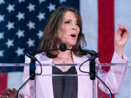 Self-help author Marianne Williamson speaks to the crowd as she launches her 2024 presidential campaign in Washington, Saturday, March 4, 2023. The 70-year-old onetime spiritual adviser to Oprah Winfrey became the first Democrat to formally challenge President Joe Biden for the 2024 nomination. (AP Photo/Jose Luis Magana)