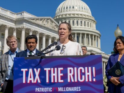 WASHINGTON, DC - APRIL 18: Abigail Disney, filmmaker and Patriotic Millionaire speaks during a press conference outside the US Capitol on April 18, 2023 in Washington, DC.