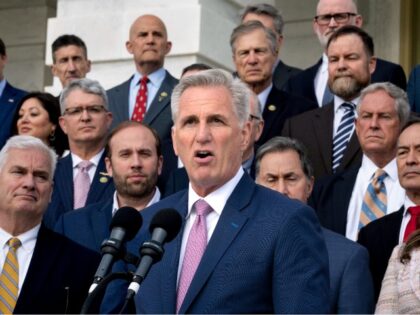 Speaker of the House Kevin McCarthy, R-Calif., holds an event to mark 100 days of the Republican majority in the House, at the Capitol in Washington, Monday, April 17, 2023. In a speech Monday at the New York Stock Exchange, the Republican leader accused President Joe Biden of refusing to …