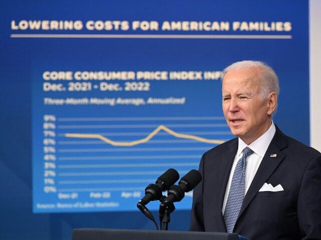 US President Joe Biden speaks about the economy in the South Court Auditorium at the Eisenhower Executive Office Building next to the White House in Washington, DC, on January 12, 2023. - Consumer inflation in the US slipped in December to the lowest level in over a year, government data …
