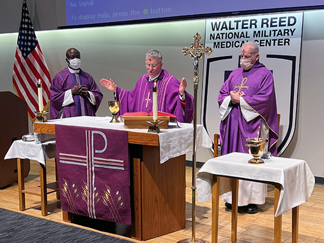 Archbishop Timothy Broglio (center) celebrates Ash Wednesday Mass at Walter Reed National Military Medical Center in Bethesda, MD, on March 2, 2022.