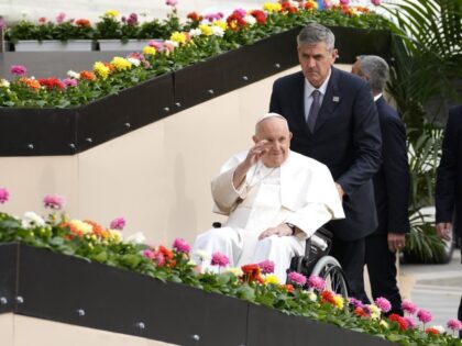 Pope Francis arrives for a meeting with bishops, priests, deacons, consecrated persons, seminarians and pastoral workers at the St. Stephen's Co-Cathedral in Budapest, Hungary, Friday, April 28, 2023. The Pontiff is in Hungary for a three-day pastoral visit. (Andrew Medichini/AP)