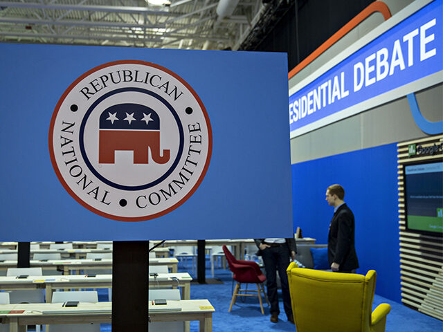 A Republican National Committee (RNC) sign stands in the media filing center ahead of the