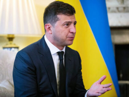 Ukraine President Volodymyr Zelensky, gestures as he talks to Britian's Prime Minister Boris Johnson, during a meeting, in Downing Street, London, Thursday, Oct. 8, 2020. The President is on a two day official visit to Britain. (Aaron Chown/Pool Photo via AP)