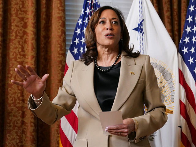 Vice President Kamala Harris speaks during a ceremonial promotion of Jacob Middleton to Brigadier General in the U.S. Space Force in the Eisenhower Executive Office Building on the White House campus, Tuesday, April 4, 2023, in Washington. (AP Photo/Patrick Semansky)