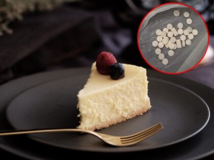 Cheesecake on a plate (Unsplash/Tina Guina) // Inset: Phenazepam (Queens District Attorneys Office)