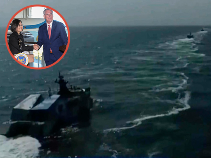 In this image made from video footage made available Sunday, April 9, 2023, by China's CCTV, Chinese navy ships take part in a military drill in the Taiwan Strait. China’s military sent several dozen warplanes and 11 warships toward Taiwan in a display of force directed at the self-ruled island, …
