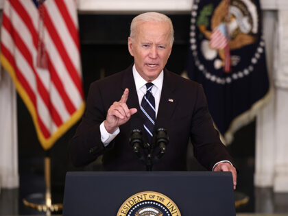 President Joe Biden speaks in the State Dining Room of the White House on September 9, 2021, in Washington, DC. (Kevin Dietsch/Getty Images)