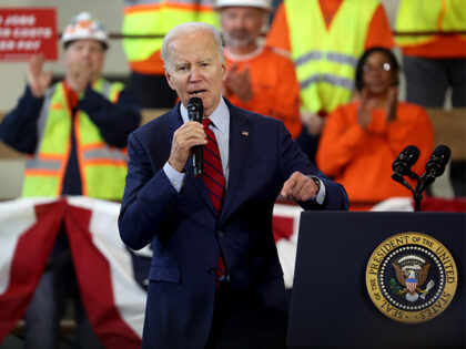 President Joe Biden speaks to guests at the Laborers’ International Union of North America (LIUNA) training center on February 8, 2023 in De Forest, Wisconsin. The visit came a day after his State of the Union address in Washington. (Photo by Scott Olson/Getty Images)