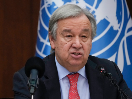 United Nations Secretary-General Antonio Guterres speaks to reporters during a news confer