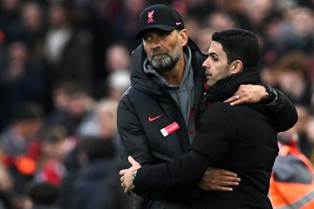 Liverpool manager Jurgen Klopp (L) and Arsenal's Mikel Arteta after their 2-2 Premier Leag