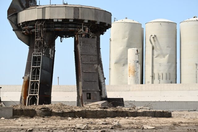 This photo from April 22, 2023 shows damage to the area around the launch pad in Texas of