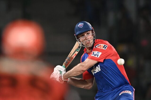 In vain: Mitchell Marsh plays a shot in Delhi Capitals' loss to Sunrisers Hyderabad