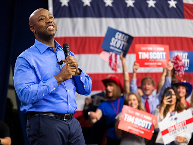 Republican presidential candidate Tim Scott delivers his speech announcing his candidacy f