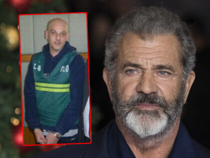(INSET: Mark Swidan imprisoned in China) Actor Mel Gibson poses for photographers upon arr