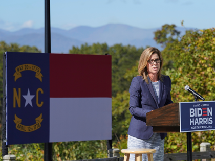 Esther Manheimer, the mayor of Asheville introduces Democratic vice presidential candidate Sen. Kamala Harris, D-Calif., at UNC-Asheville where Harris spoke to a group of supporters, Wed., Oct. 21, 2020 in Asheville, N.C. (AP Photo/Kathy Kmonicek)