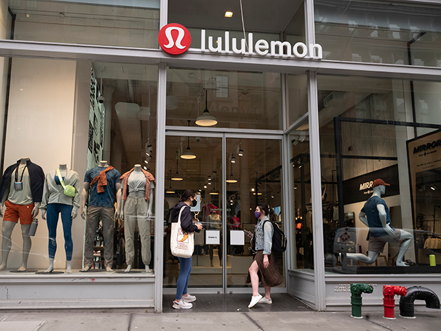 Lululemon fashions are displayed in company store windows, Thursday, March 25, 2021, in Ne