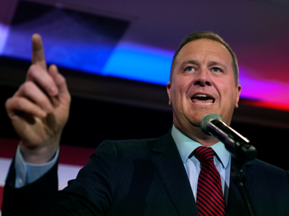Republican Eric Schmitt, candidate for U.S. Senate, delivers a victory speech, Tuesday, Nov. 8, 2022, in Maryland Heights, Mo. Schmitt defeated Democratic challenger Trudy Busch Valentine. (AP Photo/Jeff Roberson)